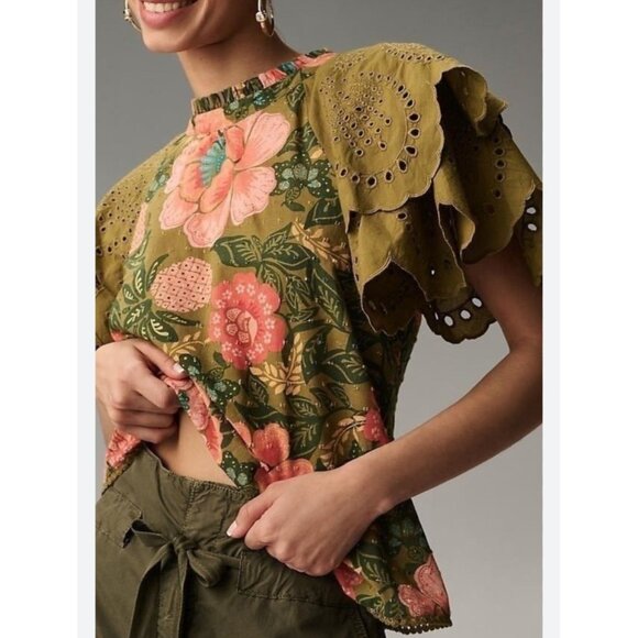 Farm Rio For Anthropologie Womens Sz L Floral Top With Eyelet Flutter Sleeves - Picture 1 of 10